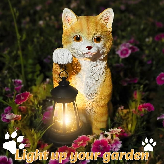 Solar Powered Outdoor Cat Garden Statue, Crafted Garden Sculptures & Statues for Patio, Yard, Lawn, Gardening Gifts for Women and Mom(11" Cat)-Ruum Studio Home