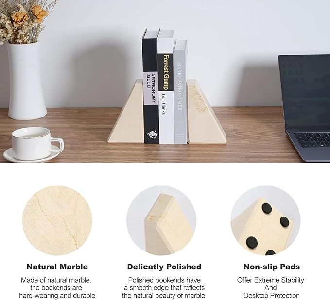 Marble Bookend for Heavy Books, Decorative Bookends for Shelves, Durable and Heavy-Duty Book End for Hardback Books & CDS, Unique Book Stopper & Holder, Sunny Golden, Set of 2-Ruum Studio Home