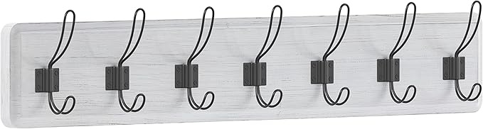 HBCY Creations Whitewash Solid Wood Wall Mounted Coat Rack with Shelf, 7 Hooks, 34" Long - Kitchen, Mudroom, Entryway, Bathroom - Includes Mounting Hardware, Coat Hanger, Dog Leash Hooks, Towel Rack-Ruum Studio Home