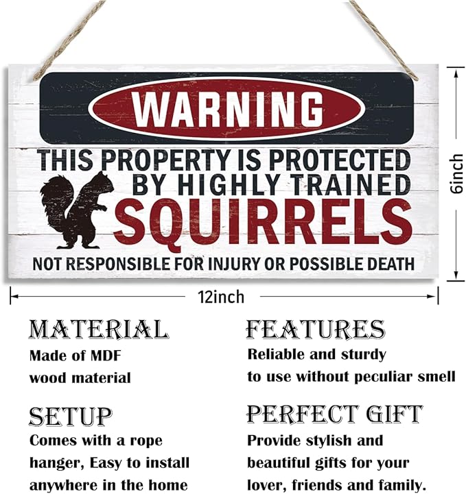 Warning Signs, The Property is Protected By Highly Trained Squirrels Sign, Decorative Wood Hanging Wood Plaque, Funny Warning Decor, Door Gate Hanger, Cute and Funny Garden Decor, Yard Decor-Ruum Studio Home