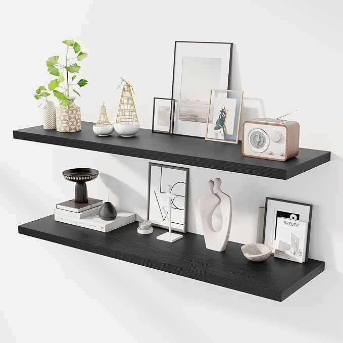 48" Floating Shelves for Wall, 12" Deep Slim Black Floating Shelves, Wall-Mounted Shelves for Bedroom, Living Room, Kitchen, Bathroom - Set of 2-Ruum Studio Home