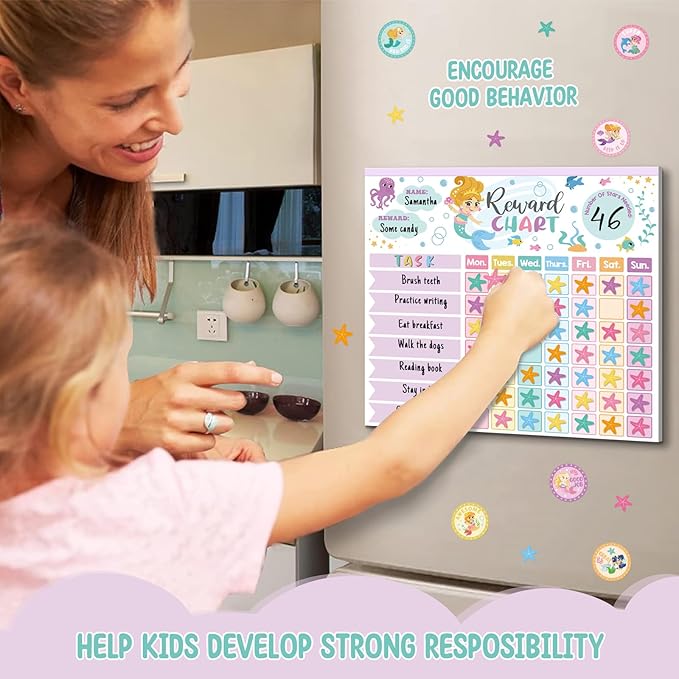 Reward Chart for Kids,Magnetic Behavior Chore Chart for Kids at Home,26 Mermaid Chore Charts,1960 Diamond Stickers,56 Reward Stickers,Incentive Chart to Develop Responsibility and Good Habits,Mermaid-Ruum Studio Home