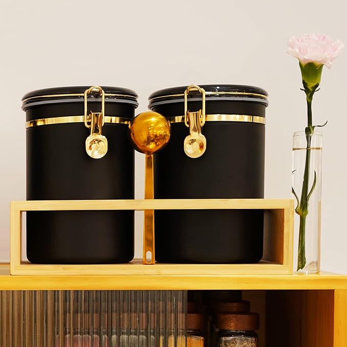 Yangbaga 304 Stainless Steel Coffee Canisters for Ground Coffee,2 x 63OZ Coffee Container with Shelf Coffee Bean Storage, Food Storage Jar with Gold Airtight Locking Clamp and Spoon for Kitchen-Ruum Studio Home