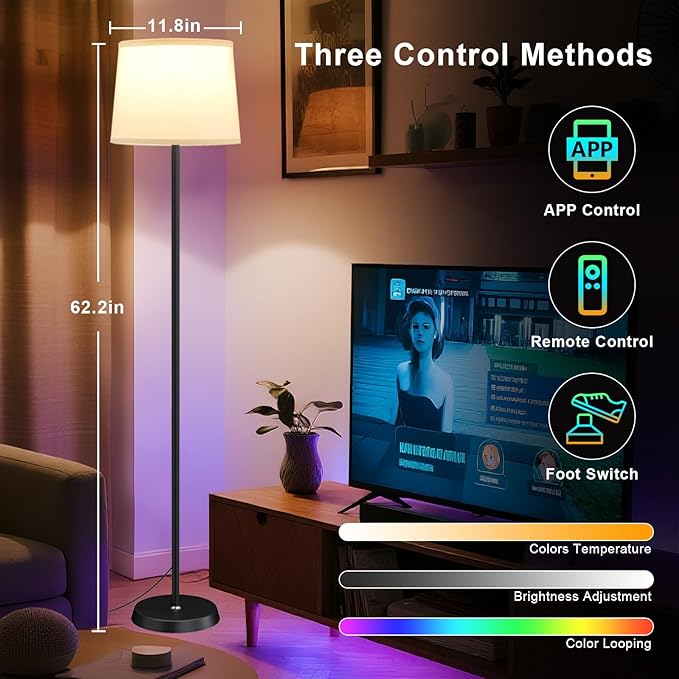 Floor Lamp for Living Room Bedroom,Modern Floor Lamp with Remote, Simple Design with White Shade,Foot Pedal Switch,Dimmable Colors Temperature,9W RGB LED Bulb-Ruum Studio Home