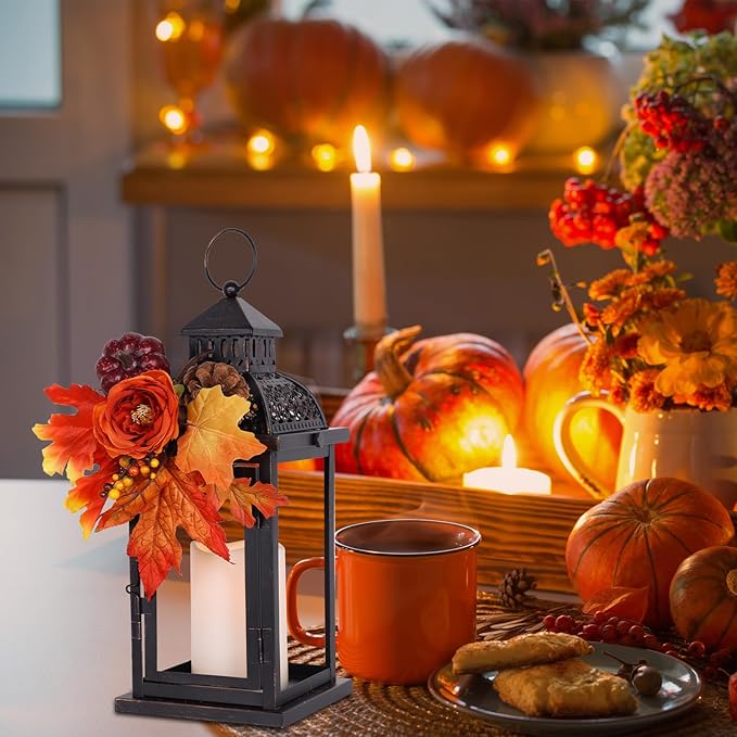 NEEDOMO Fall Decorations for Home, 15'' Fall Lantern Indoor Outdoor Thanksgiving Decor, Vintage Metal Hanging Candle Holders with Fall Teardrop Wreath and LED Candle for Patio, Porch, Table-Ruum Studio Home