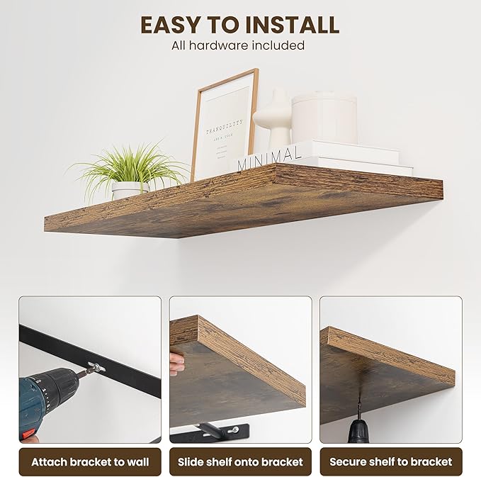 55" Floating Shelves for Wall, 12" Deep Slim Rustic Brown Floating Shelves, Wall-Mounted Shelves for Bedroom, Living Room, Kitchen, Bathroom - Set of 2-Ruum Studio Home