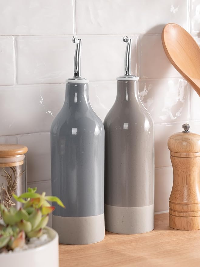 famiware Milkyway 16oz Ceramic Olive Oil Dispenser Bottle, Olive Oil and Vinegar Dispenser Bottle Set of 2 with Stainless Steel Pourers, Suitable for Storage Liquids, Dark Gray and Cinnamon Brown-Ruum Studio Home