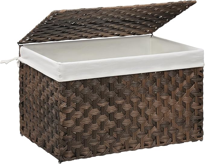 Wicker Storage Basket with Lid, 27.7 Gallon (105L) Large Blanket Basket with Lid, Woven Storage Bin with Handles, Removable Liner, Metal Frame, Foldable, for Bedroom, Laundry Room, Brown-Ruum Studio Home