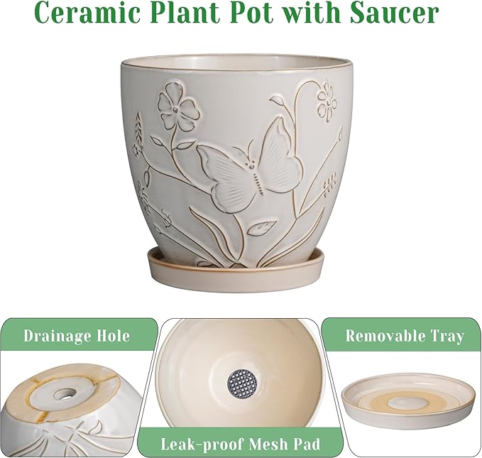 10 Inch Plant Pot Ceramic Planter Pot with Drainage Hole and Saucer Round Planter Large Flower Pot for Indoor Outdoor Plants Home Garden Decor White-Ruum Studio Home