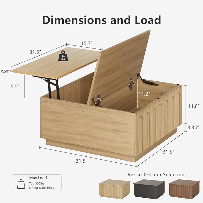 Lift Top Coffee Table with Storage, Modern Coffee Table with Arched Design, 31.5" Square Tea Table with Wood Grain, Boho Multifunctional Center Table for Living Room, Office, Oak-Ruum Studio Home