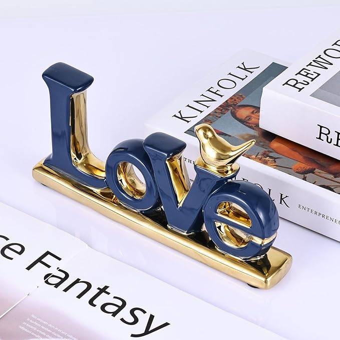 Love Sign Decoration,Blue and Gold Love Signs for Home Decor Statue,Modern Bird Sculpture Personalized Love Decor,Gold Style Figurine Decorative Ornaments for Living Room,Bedroom,Desktop,Cabinets-Ruum Studio Home