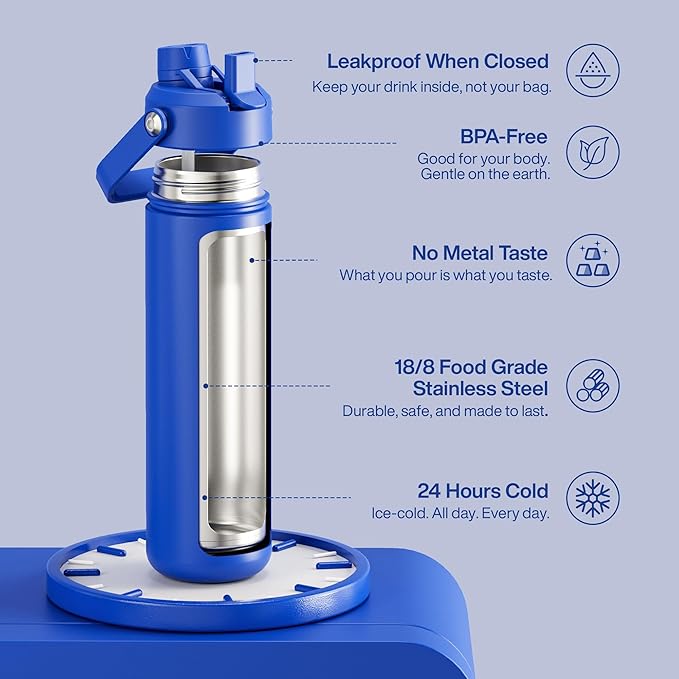 Insulated Water Bottle with Straw Stainless Steel Water Bottle, Leak-Proof, BPA-Free, Double Wall Vacuum Keeps Cold for 24 Hours for Sports, Travel, School (26 oz, Royal Blue)-Ruum Studio Home