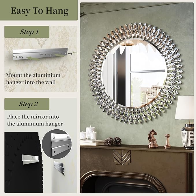 Kelly Miller Jeweled Mirror for Wall, 28 Inch Round Luxury Mirror with Sparkling Diamonds Beveled Modern Wall Decor for Bathroom, Living Room, Bedroom, Hallway-Ruum Studio Home