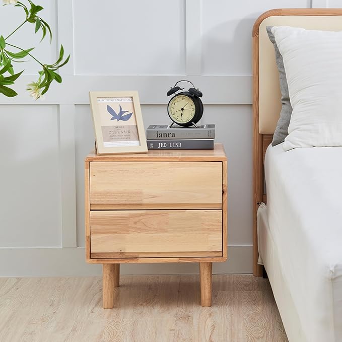 Modern Solid Wood Nightstand with Drawers - Mid Century Modern 2 Drawer Natural Wooden Small Narrow Nightstand Bedside Side End Table with Storage for Living Room Bedroom, 15.7" D x 17.1" W x 19.6" H-Ruum Studio Home