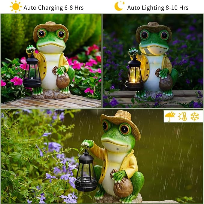Solar Garden Outdoor Frog Statue 10 inches Tall - with Handheld Lanterns - Detachable - Patio, Balcony, Shelf, Tabletop, Lawn Decoration - Unique Housewarming, Birthday, Thanksgiving, Mom Gifts-Ruum Studio Home