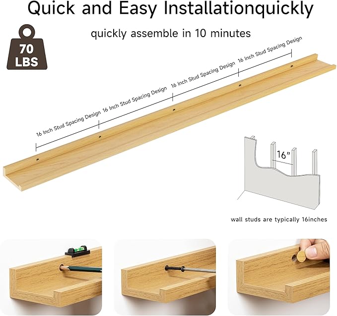 Floating Picture Ledge Shelves for Wall Set of 2, 84 Inches Picture Ledge Shelf with Long Large Nursery Book Shelf for Toys Storage Kids Bookshelf Wall Mounted Living Room Bedroom Decor Frames, Oak-Ruum Studio Home