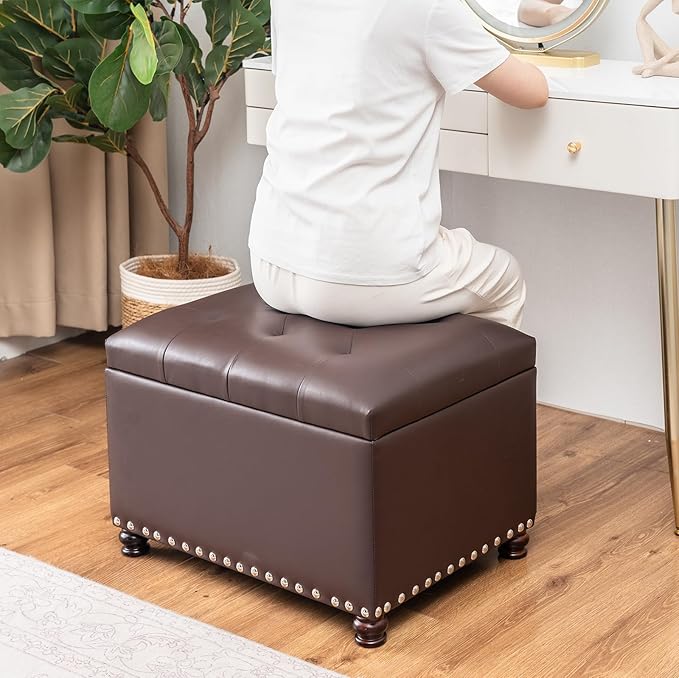 Joveco Leather Storage Ottoman Bench Rectangle 24 Inch Foot Rest Ottomans Stool for Living Room Bedroom(Brown)-Ruum Studio Home