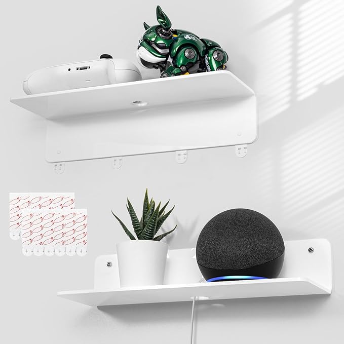 OAPRIRE White Acrylic Floating Shelves Set of 2 - Damage Free Expand Wall Space - 12 Inch Wall Shelves with Strong Adhesive for Bathroom, Bedroom, etc-Ruum Studio Home