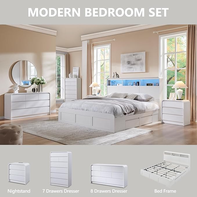 25" Tall Modern Nightstand Set of 2, 23.6" Wide Wood Bedside Table with Charging Station, 3 Storage Drawers Side Table w/Curved Profile Design, End Table for Bedroom, White-Ruum Studio Home