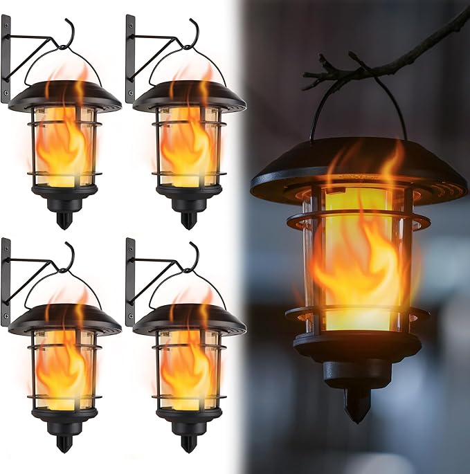 Dynaming 4 Pack Solar Flame Wall Lanterns Outdoor, Solar Powered Wall Mounted Sconce Lights, Flickering Flame LED Light Auto On/Off Hanging Lights, Waterproof for Garage Stair Patio Porch Yard-Ruum Studio Home