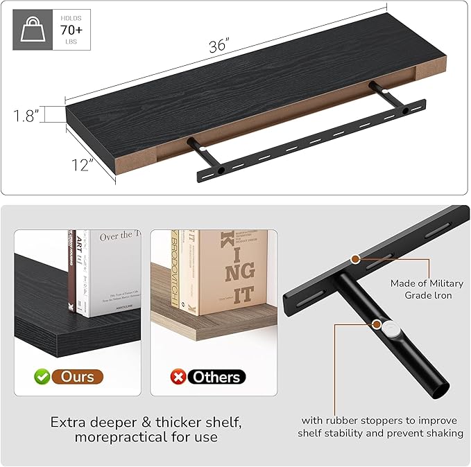 Single Floating Shelves 36 inch Long, Large 10 in Deep Wall Shelves Heavy Duty 70 lbs for Bedroom, Bathroom, Living Room, Kitchen, Office, Modern Shelf Home Decor, Set of 1, Black-Ruum Studio Home