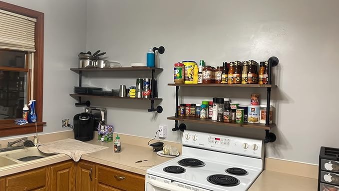 ROGMARS Industrial Pipe Shelves Shelving 48 inch with Solid Wood Planks Farmhouse Pipe Book Shelves Wall Mounted,Industrial Floating Shelves Bar Shelving Rustic Shelves 2 Tier for Kitchen,Living Room-Ruum Studio Home