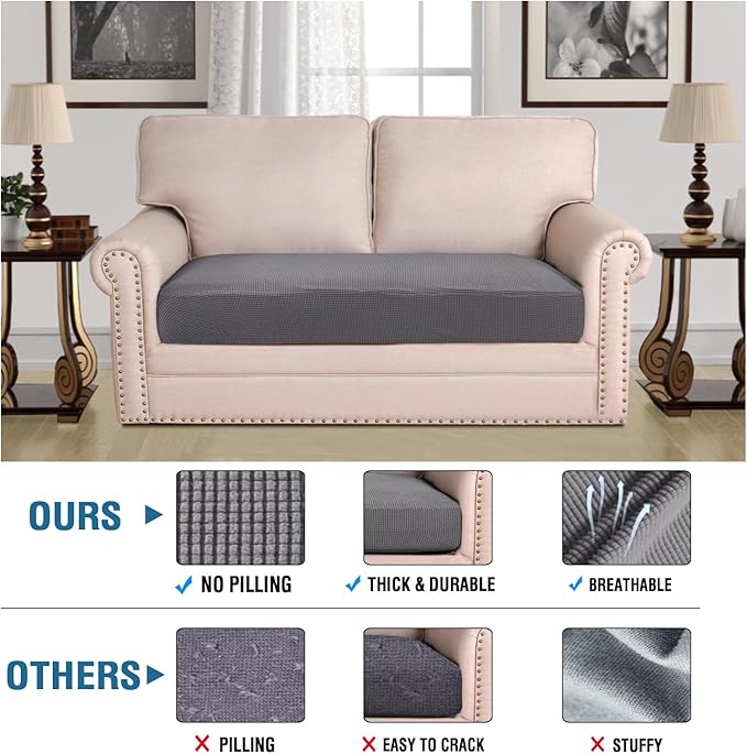 H.VERSAILTEX Super Stretch Individual Seat Cushion Covers Sofa Covers Couch Cushion Covers Slipcover Sets Thick Jacquard Textured Twill Fabric (1 Piece Loveseat Cushion Cover, Grey)-Ruum Studio Home