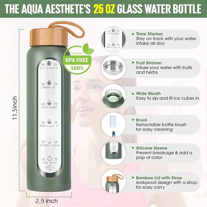 Aqulea Glass Water Bottles 25 Oz with Silicone Sleeve - BPA Free Reusable Wide Mouth Glass Motivational Water Bottles with Fruit Infuser – Leak Proof Borosilicate Water Bottle with Time Marker (Green)-Ruum Studio Home