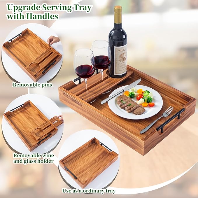 Wood Serving Tray with Handles, 17"x12" Rustic Wooden Trays with Removable Wine Glass Holder Decorative Ottoman Tray for Living Room, Coffee Table, Breakfast Food Trays in Bed-Ruum Studio Home