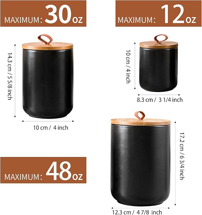 Black Ceramic Canister Set, 3pcs Ceramic Kitchen Canisters for Countertop with Airtight Wood Lids, Large Flour and Sugar Containers for Coffee, Tea, Spice-Ruum Studio Home