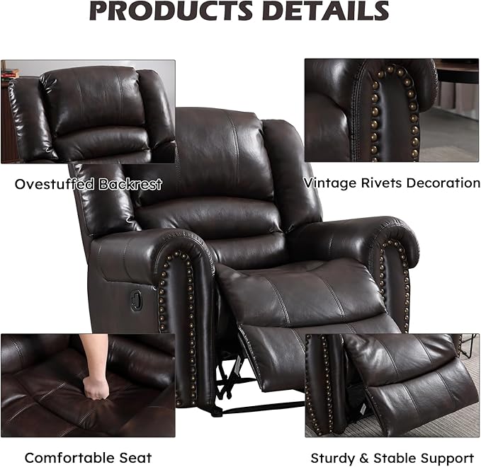 CANMOV Leather Recliner Chair, Classic and Traditional Manual Recliner Chair with Comfortable Arms and Back Single Sofa for Living Room, Dark Brown-Ruum Studio Home