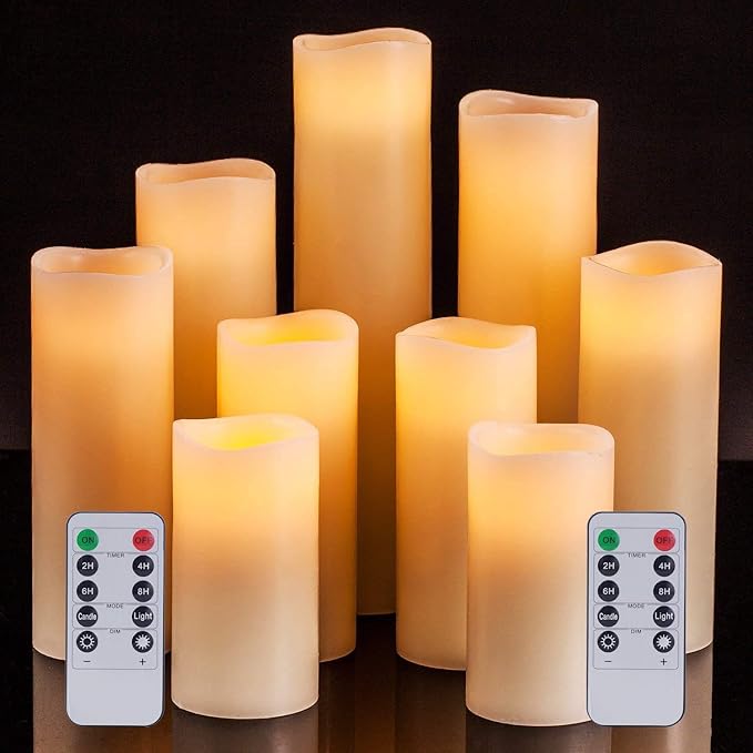 Flameless Candles Battery Operated Candles 4" 5" 6" 7" 8" 9" Set of 9 Ivory Real Wax Pillar LED Candles with 10-Key Remote and Cycling 24 Hours Timer-Ruum Studio Home
