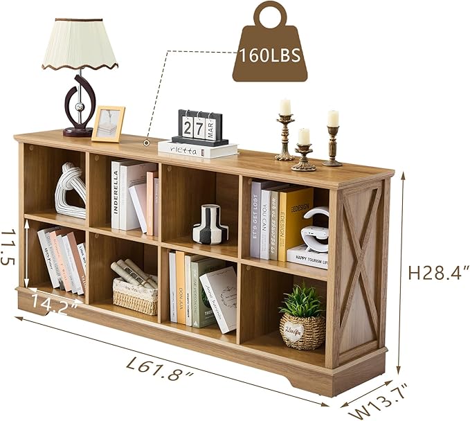 Farmhouse 8 Cube Bookshelf, Storage Organizer Bookcase, Kids Toy Storage Cabinet, Long Bookshelves Storage Organizer Shelf, Wood Display Cabinet Book Shelves for Bedroom,Living Room, Natural Oak-Ruum Studio Home