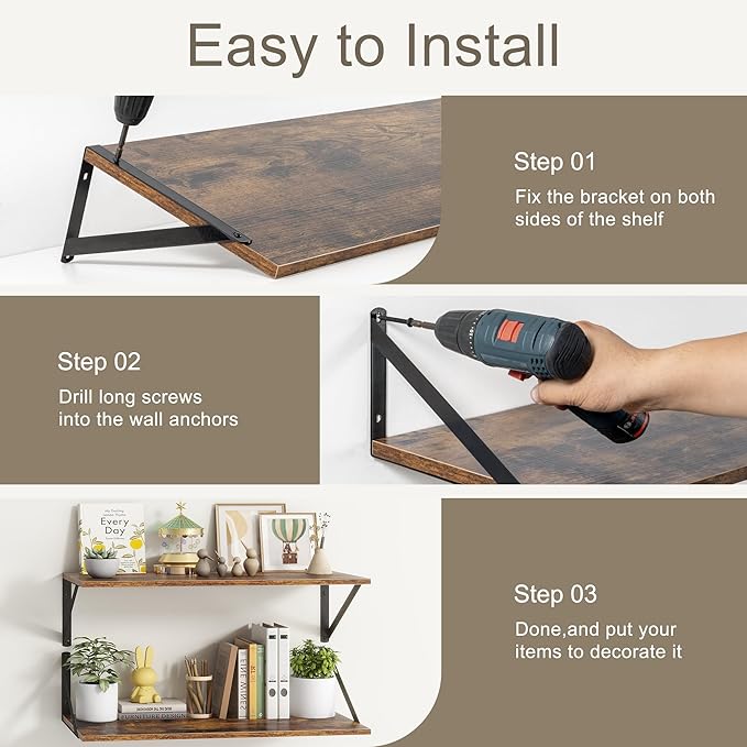 18"W x12"D Floating Shelves, Farmhouse Wall Shelves Home Decor Shelf, Deep Bathroom Shelf with Bracket, 12 Inch Deep Wall Shelves for Living Room, Kitchen, Bedroom, Rustic Brown, Set of 2-Ruum Studio Home