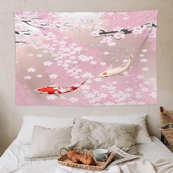 Houselerax Japanese Koi Fish Tapestry, Cherry Blossoms Asian Oriental Pink Flower Branch Koi Fish Carp Tapestries Wall Hanging for Bedroom Living Room Office Decor 60"x40"-Ruum Studio Home