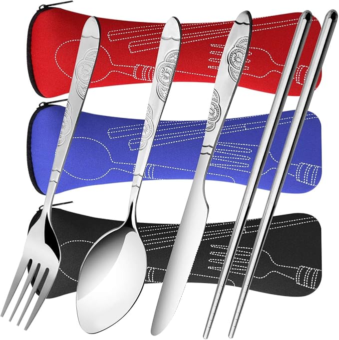 6 Pack Reusable Flatware Sets Knife, Fork, Spoon, Chopsticks, 24Pcs Portable Travel Stainless Steel Tableware Dinnerware with Carrying Case-Ruum Studio Home
