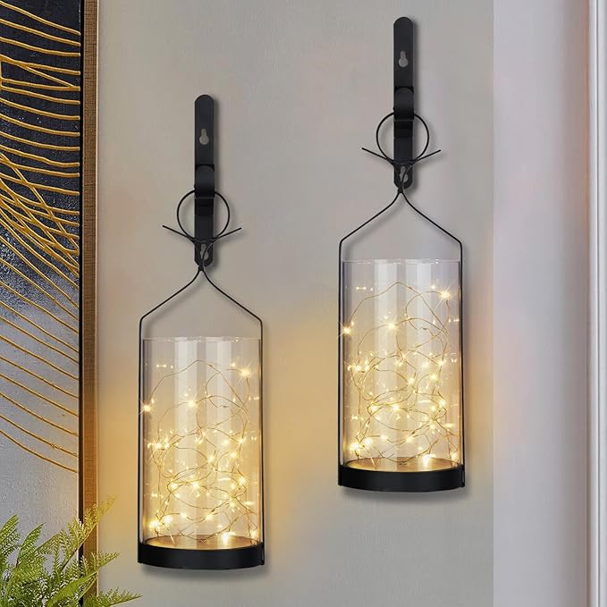 Metal Wall Sconce 35 Led Lantern Set of 2 - Black Wall Mounted Hanging Holder with Glass & Candles Vintage Wall Decor for Porch, Living Room, Dining Room, Bedroom Indoor Decor-Ruum Studio Home