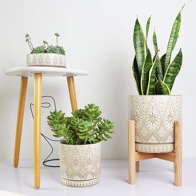 8 Inch Plant Pot with Stand, Ceramic Planter with Drainage Holes, Saucers and Mesh Pads for Indoor-Outdoor Plants-Ruum Studio Home