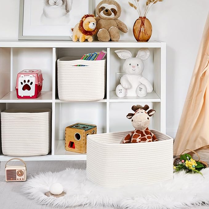 3-Pack Shelf Baskets for Organizing, Woven Storage Basket for Shelves, Cotton Rope Storage Bins for Toys Books, Nursery Towel Baskets for Classroom, 14.96"X9.8"X8.85", White-Ruum Studio Home