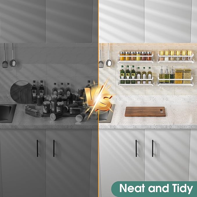 LUCYCAZ 4 Pack Wall Mounted Spice Rack with 16 Hooks, Spice Organizer Shelf for Stove Cabinet Pantry Door,Screw or Adhesive Spice Shelf Hanging Wall Spice Rack in Kitchen and RV (White, 4 PACK)-Ruum Studio Home