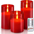 Homemory Red Glass Flameless Candles, Battery Operated LED Pillar Candles with Remote Control and Timer, Radiance Candles, Real Wax, Set of 3,D3 xH4 5" 6"-Ruum Studio Home