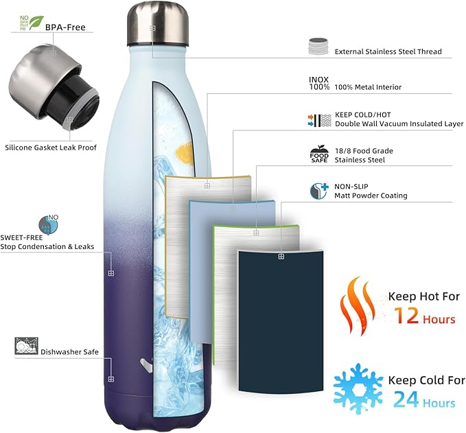 Insulated Water Bottles,25 oz Double Wall Stainless Steel Vacumm Metal Flask for Sports Travel,Ocean Dream-Ruum Studio Home