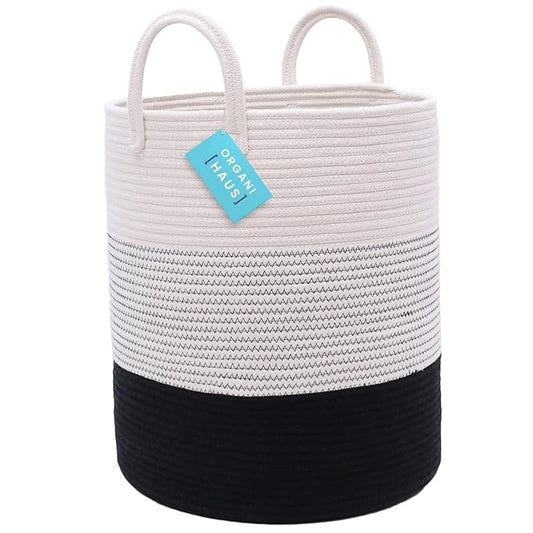 OrganiHaus Black & White Blanket Storage Basket for Living Room 15x18, Woven Nursery Hamper Basket, Large Toy Basket Storage for Kids, Laundry Hamper, Baby Laundry Basket, Cute Cotton Rope Basket-Ruum Studio Home