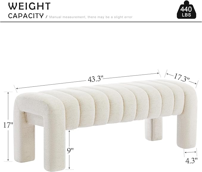 43.3" Bedroom Bench, Upholstered Entryway Bench, Modern End of Bed Ottoman with Solid Wood Legs and Adjustable Foot Pegs for Entryway, Dining Room and Living Room (Beige Linen)-Ruum Studio Home