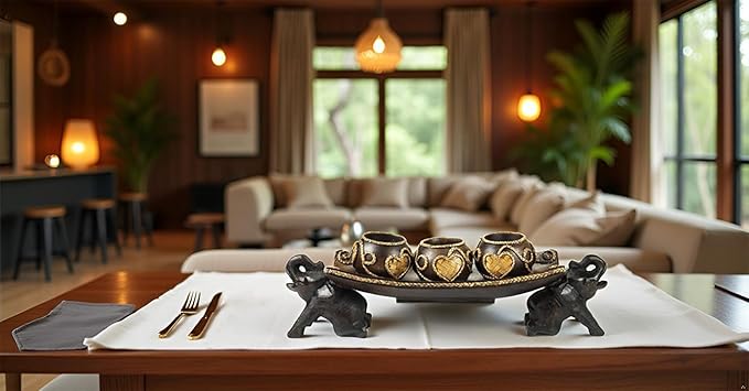 Thai Elephant Tray Carved Rain Tree Wooden Candle Holder-Ruum Studio Home