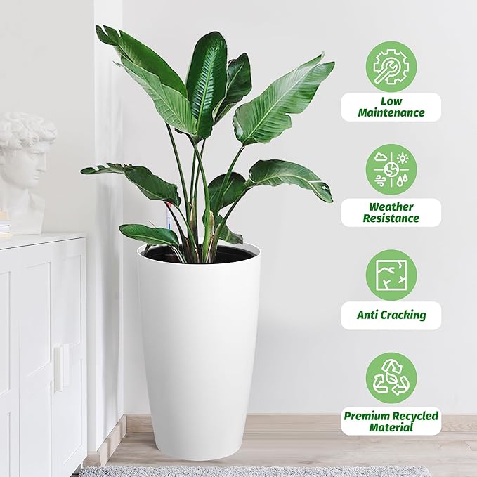 22" Tall Round Planter Set of 2, Self Watering Pots for Indoor Plants, Large Flower Pot Outdoor with Built-in Drainage and a Water Level Monitor, for Patio, Porch, Living Room, or Home Office, White-Ruum Studio Home