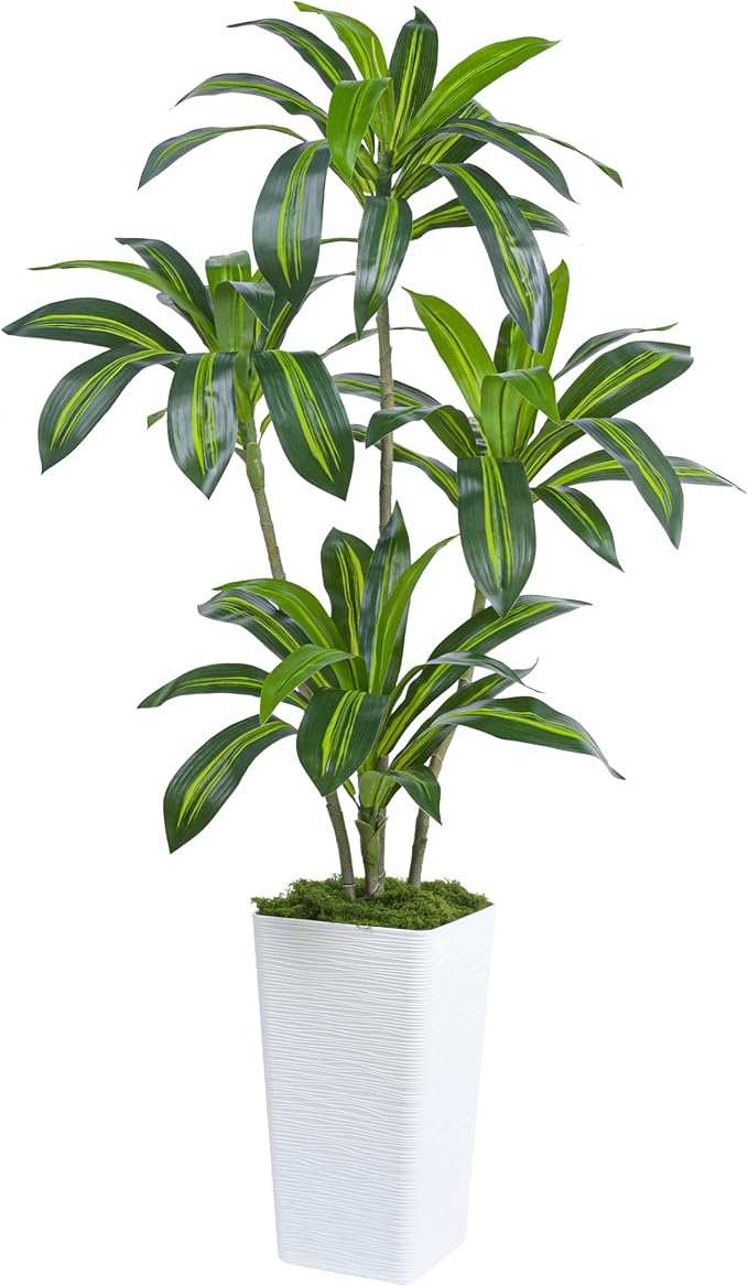 Artificial Dracaena Tree Artificial Silk Tree Faux Tree Fake Tropical Yucca Floor Plant with White Tall Planter (1, White Tall Planter, 5FT)-Ruum Studio Home
