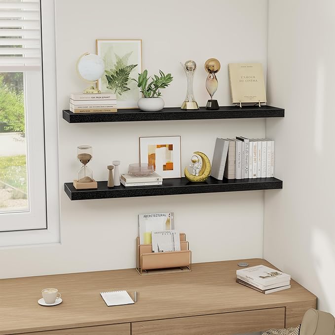 Black Floating Shelves Wall Shelf 40 Inch, 8 Inch Deep Floating Shelf for Wall, Farmhouse Black Wood Shelves Invisible Bracket for Living Room, Bedroom, Kitchen, 40 x 8 x 1.4 Inch, Set of 2-Ruum Studio Home