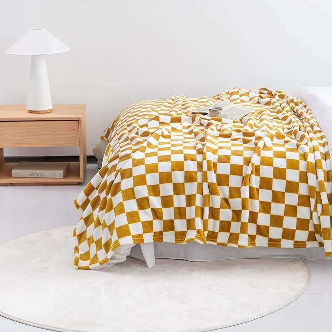 LOMAO Throw Blankets Flannel Blanket with Checkerboard Grid Pattern Soft Throw Blanket for Couch, Bed, Sofa Luxurious Warm and Cozy for All Seasons (Yellow, 90"x90")-Ruum Studio Home