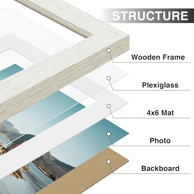 Vittanly 5x7 Picture Frames Set of 9, Shatter Resistant Plexiglass, Display 4x6 Pictures with Mat or 5x7 without Mat, Photo Frames for Wall or Tabletop, Engineered Wood, Whitemist-Ruum Studio Home